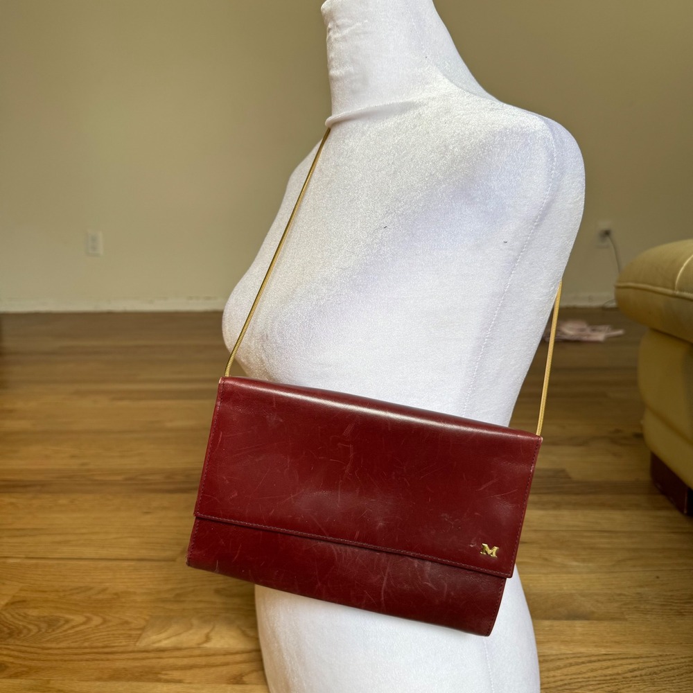 Mano Lord-Calf‎ Vintage Burgundy Leather Clutch Gold Chain Made in Germany